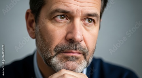 Close-up portrait of a thoughtful middle-aged man with a beard, looking into the distance with his chin resting on his hand