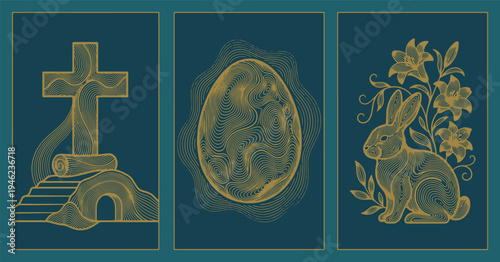 Easter triptych with cross, egg, and bunny, symbolizing rebirth and spring.