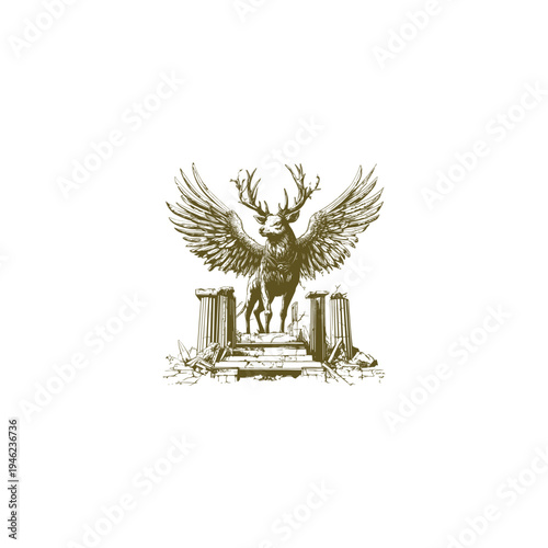 Majestic winged deer mythological creature standing on ancient ruins, vintage hand-drawn engraving style illustration.