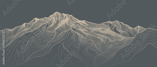 Abstract topographic map of a mountain range rendered with flowing contour lines on a dark background.