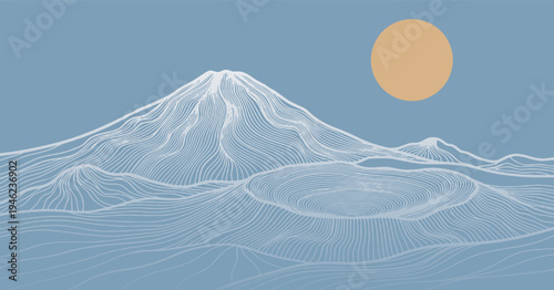 Stylized mountain range with a sun in a clear blue sky, rendered in a wireframe artistic style.