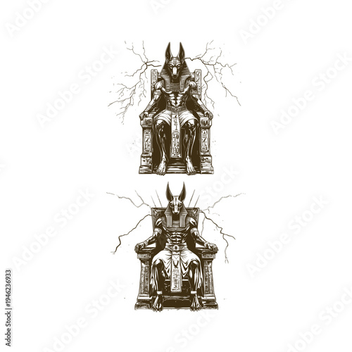 Vintage engraving set of Egyptian god Anubis sitting on a throne with lightning background, isolated on white.