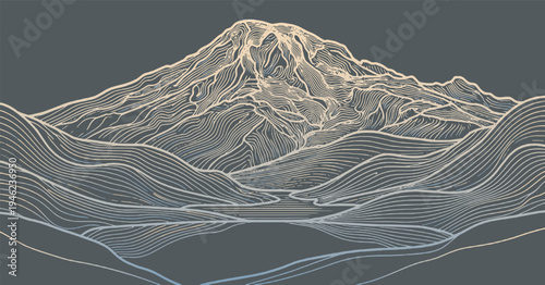 Stylized illustration of a majestic mountain range with flowing lines and serene water features.