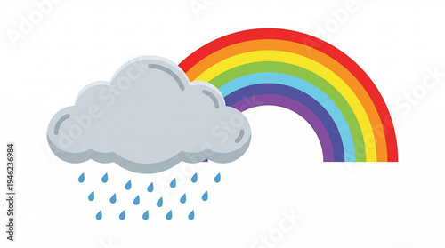 A vibrant rainbow emerges from behind a cloudy sky with rain on a sunny day outside.