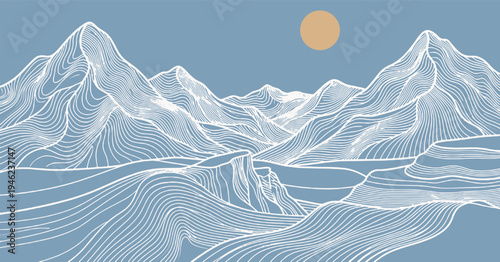 Stylized abstract mountain range with a sun in a clear blue sky, depicted with flowing white lines.