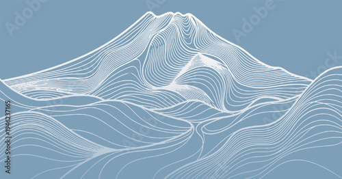 Abstract illustration of Mount Fuji with flowing lines and waves in a minimalist blue and white color scheme.