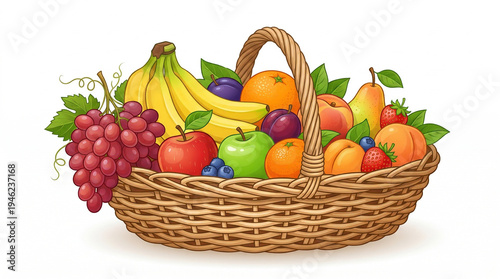 A vibrant basket filled with assorted colorful fruits including bananas, grapes, and apples.