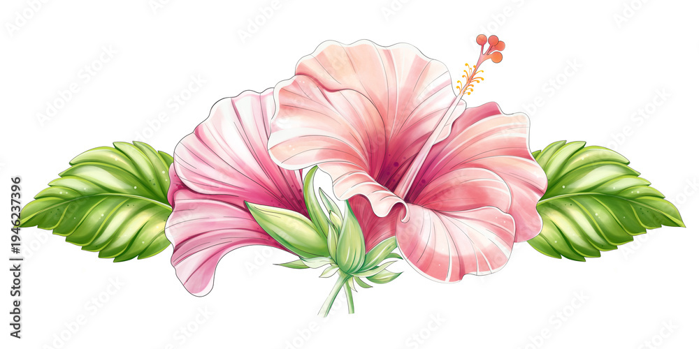 Obraz premium Tropical hibiscus floral arrangement, watercolor border ornament