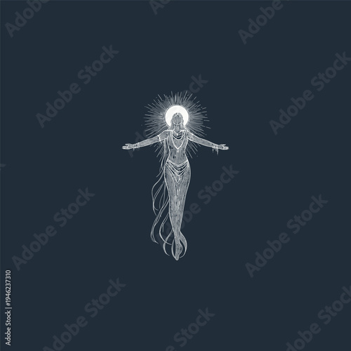 A line art illustration of a female celestial being floating with arms outstretched and a solar halo behind her head on a dark background.