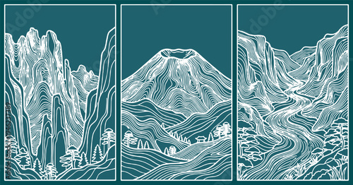 Triptych of stylized mountain landscapes in white line art on a teal background, showcasing diverse terrains.