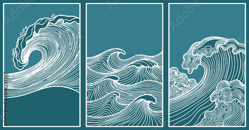 Triptych of stylized ocean waves in white outline on a teal background, evoking a sense of motion and power.