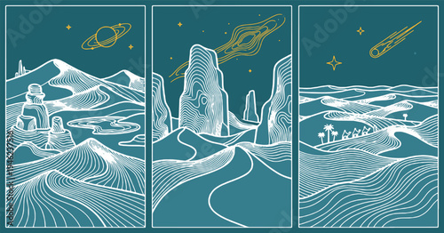 Surreal desert landscapes with alien elements and celestial bodies in a triptych format.