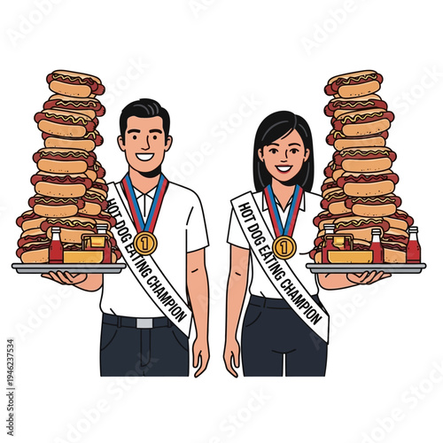 Hot Dog Eating Champions Celebrate Victory with Massive Stacks of Hot Dogs and Medals