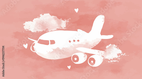 Whimsical watercolor airplane flying with hearts on a soft pink background, symbolizing travel and romantic journey