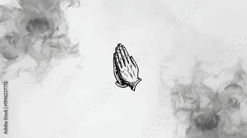 Grayscale Praying Hands Illustration with Abstract Smoke Background. Spiritual Devotion, Faith, Hope, and Meditation Symbol.