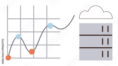 Data analysis, cloud storage, digital technology, IT infrastructure, network solutions, performance tracking. Line graph on a grid with a server icon linked to a cloud. Data analysis and cloud