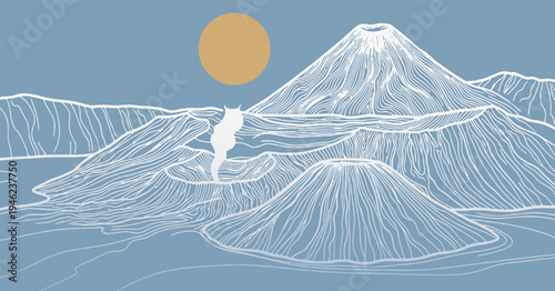 Stylized illustration of a volcanic landscape with multiple craters and a smoking volcano under a large sun.