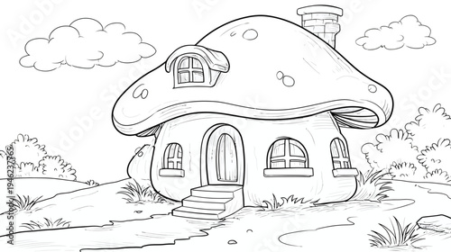 Detailed line art of a whimsical fairytale mushroom house on a hill with clouds, vector illustration for coloring page.