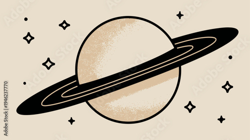 Retro celestial illustration of a ringed planet with stars, minimalist space cosmic design element for astronomy concepts.