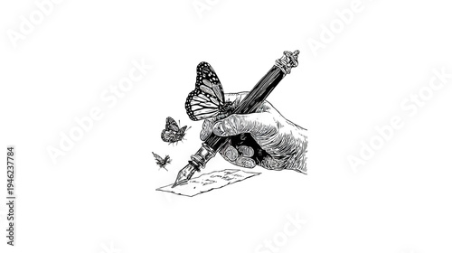 Vintage engraved illustration of a hand writing with an antique quill pen, surrounded by flying butterflies, symbolizing creativity and inspiration