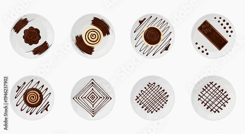 Brown patterns on white plates arranged in rows on table