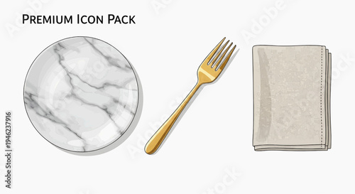 A marble plate, gold fork, and folded napkin on a table setting indoors