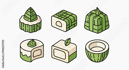 A set of six green and white sushi pieces arranged on a plate are displayed