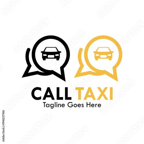 Professional taxi service logo featuring a car and checker symbol inside a speech bubble icon, ideal for transportation apps, cab booking, and travel communication services.