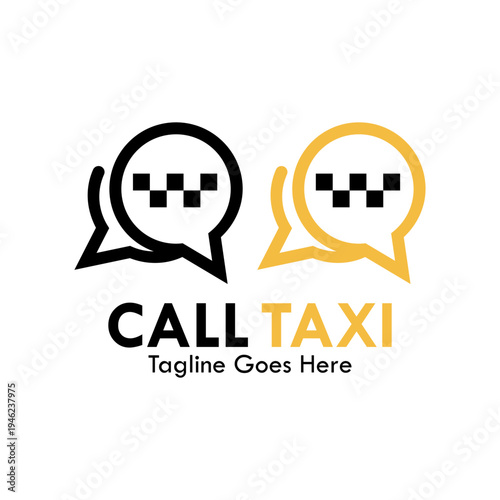Professional taxi service logo featuring a car and checker symbol inside a speech bubble icon, ideal for transportation apps, cab booking, and travel communication services.