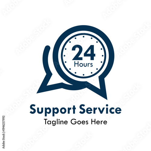 24 hours support service logo featuring a clock symbol inside a speech bubble icon, ideal for customer care, assistance, and help center communication services.