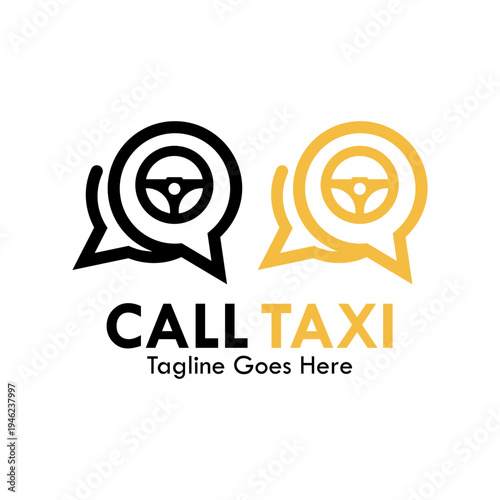 Professional taxi service logo featuring a car and checker symbol inside a speech bubble icon, ideal for transportation apps, cab booking, and travel communication services.