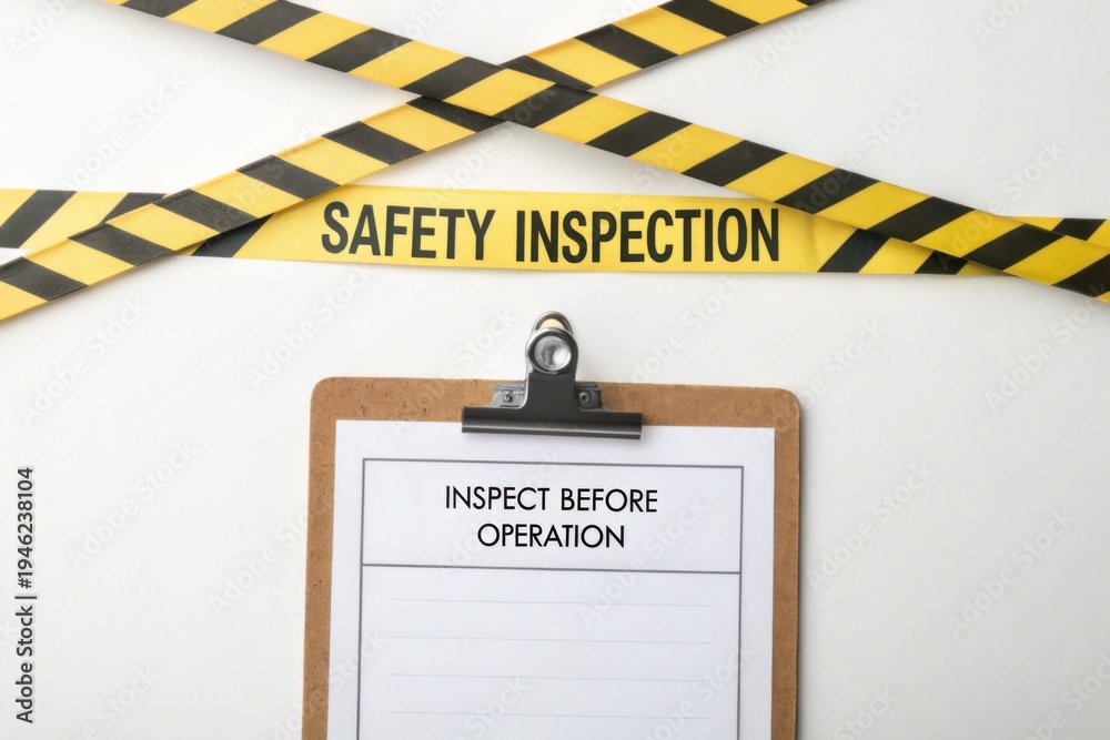Obraz premium Safety Inspection Sign with Clipboard and Caution Tape