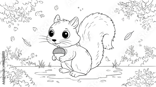 Cute cartoon squirrel holding an acorn in a forest. Black and white line art illustration for children's coloring book.