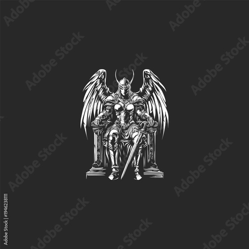 valkyrie goddess warrior wearing armor and wings sitting on a throne with sword, hand drawn illustration.