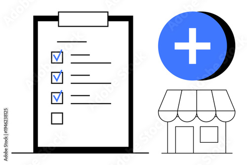 Task management concept. Checklist with checkmarks, shop icon, and plus symbol highlighting organization needs and business planning. Task management for workflows, businesses, or productivity