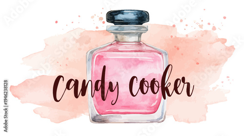 Watercolor illustration of a pink perfume bottle with a dark cap on an abstract peach background, feminine cosmetic fragrance concept.