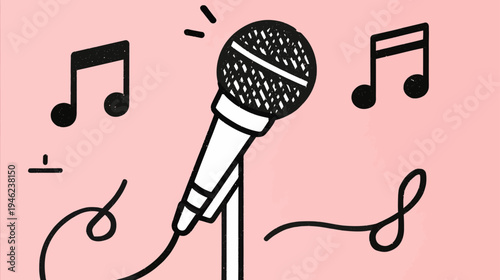 Hand-drawn doodle style illustration of a microphone with musical notes on a pink background, symbolizing singing, sound, and entertainment.