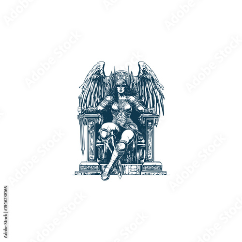 valkyrie goddess warrior wearing armor and wings sitting on a throne with sword, hand drawn illustration.