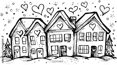 Hand-drawn winter houses with hearts and falling snow, cozy neighborhood illustration, holiday season, love home sketch