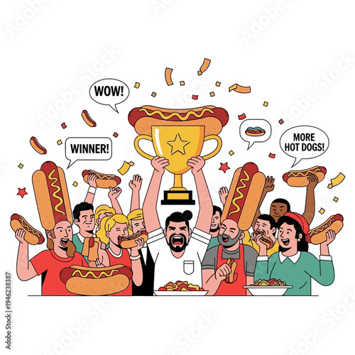 Hot Dog Eating Contest Winner Celebrates with Trophy and Crowd