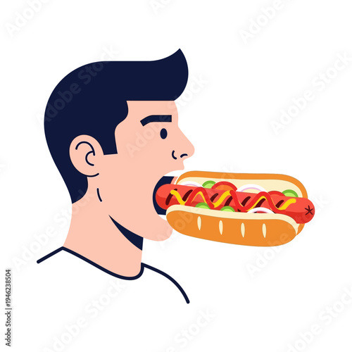 Man eating a delicious hot dog with ketchup and mustard, close-up profile view