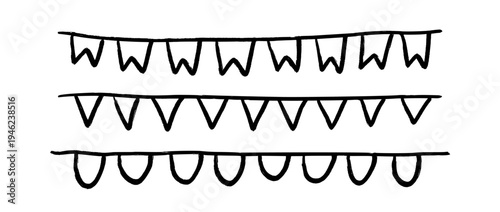 Hand drawn bunting pattern set. Crayon doodled flag garland collection. Kid sketched celebration flag chains and pennons for birthday decoration, footer, banner. Vector drawn party pennon illustration