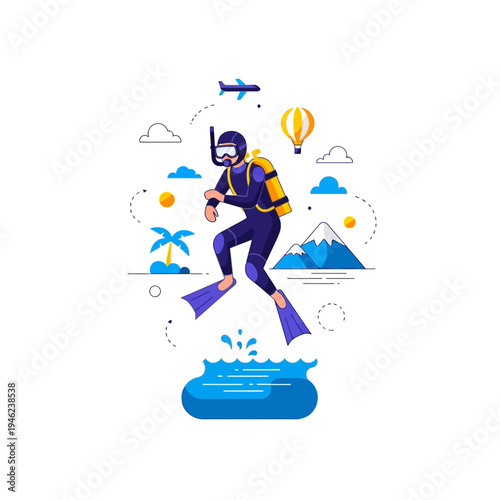 Scuba Diver Jumping into Water with Travel Icons - Adventure and Vacation Concept