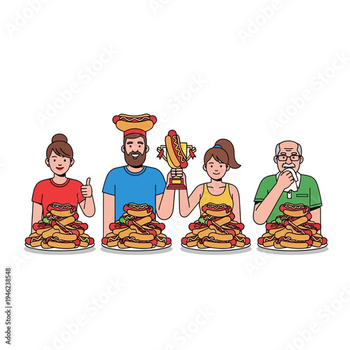 Hot Dog Eating Contest Winners Celebrate With Piles of Food and Trophy