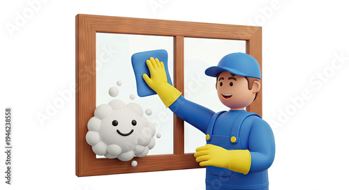 Cartoon cleaner wiping a window with a smiling cloud of bubbles