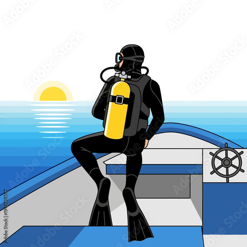 Scuba Diver Sitting on Boat Deck, Sunset Over Ocean, Ready for Dive