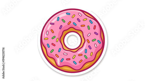 A sweet pink iced donut with colorful sprinkles on a white background, perfect for food-themed designs and treats