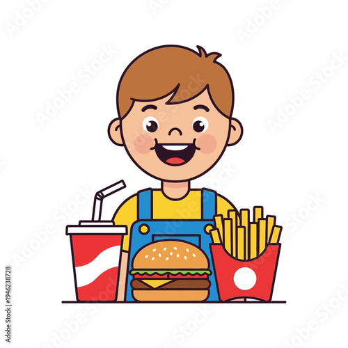 Happy Boy Eating Burger, Fries, and Soda - Fast Food Meal Fun