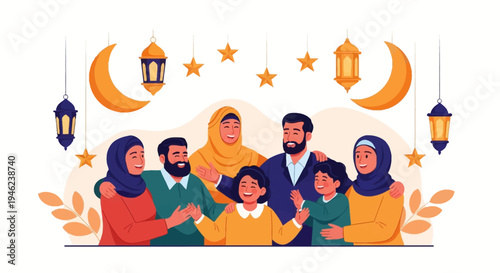 A diverse Muslim family gathers together in a colorful illustration with Eid Mubarak decorations, conveying a sense of tradition and celebration on a light background.