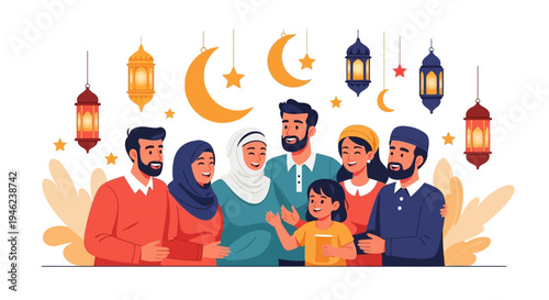 Illustration of a diverse Muslim family gathering with traditional Eid al-Fitr decorations and lanterns on a white background, conveying a sense of cultural tradition and celebration.